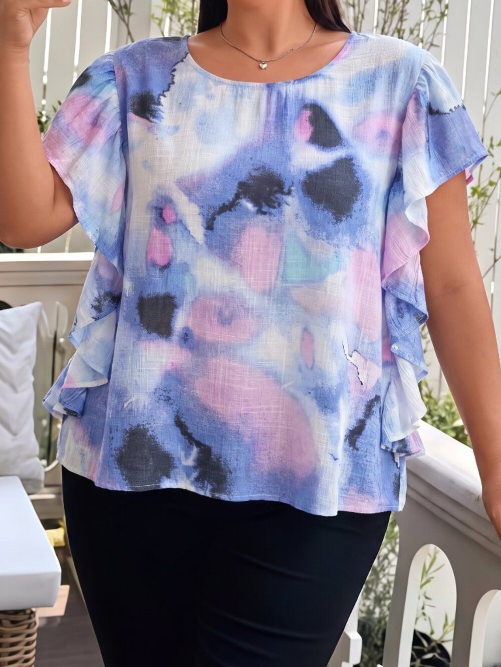 Zac & Rachel Woman Blue and Pink Tie Dye Ruffle Sleeve Top